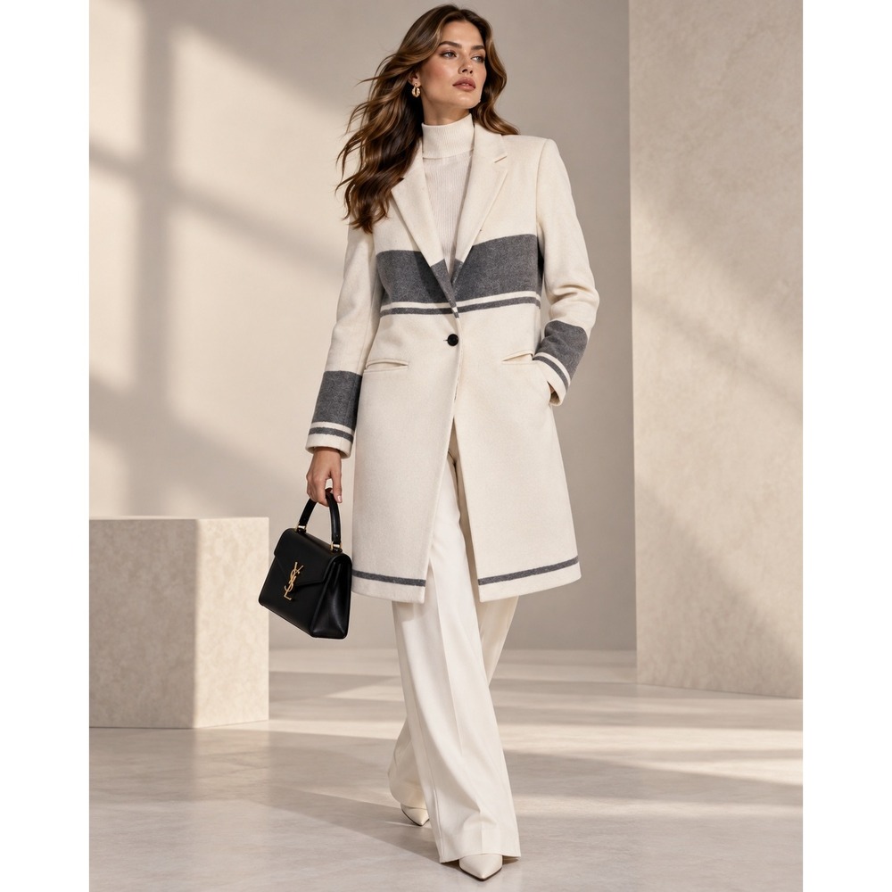 Club Monaco Keliee Cream Grey Striped Wool Blend Longline Notched Lapel